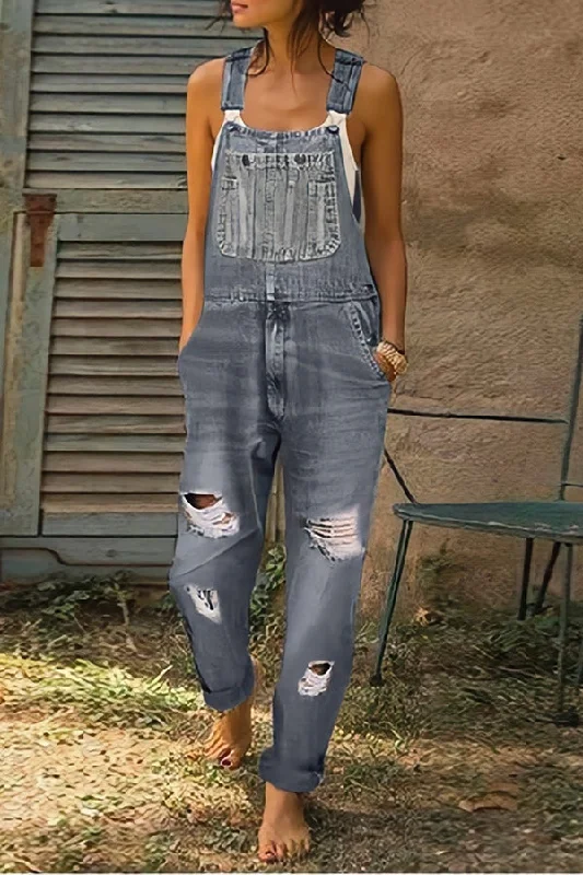 Casual Pocket Ripped Denim Overalls Trendy Women's 