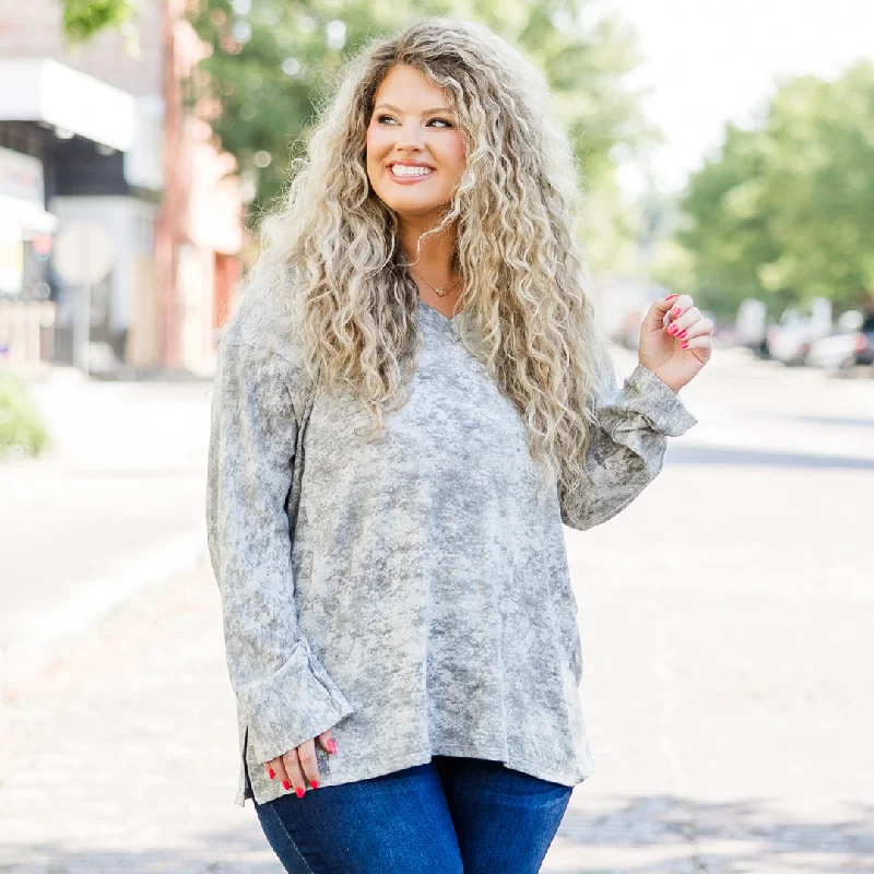 Cue The Cozy Top, Gray Feminine Women's Style 