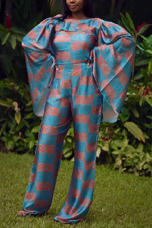 Elegant Bandeau Print Bell Sleeve Jumpsuit Rugged Women's Outdoor 