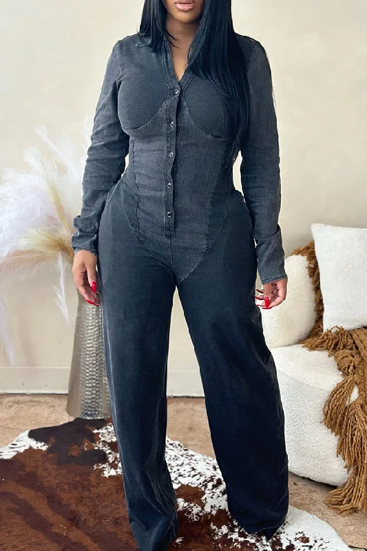 Casual Button Up Solid Jumpsuit garde