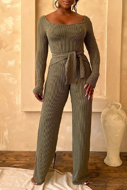 Casual Rib-knit Tie Front Jumpsuit Feminine Women's Style 