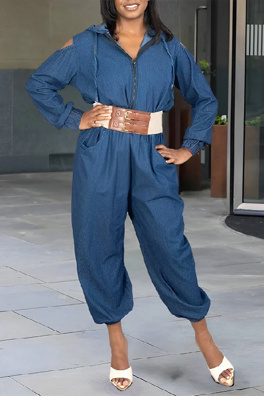 Chic Cold-shoulder Hooded Denim Jumpsuit Polished Women's Silk