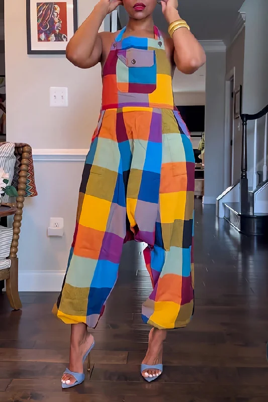 Summer Colourful Colorblock Halter Overalls Youthful Women's Pop