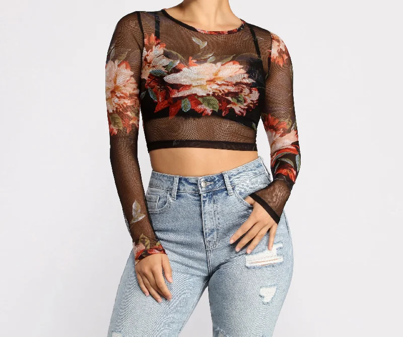 Lookin' Fine In Floral Mesh Crop Top Earthy Women's 