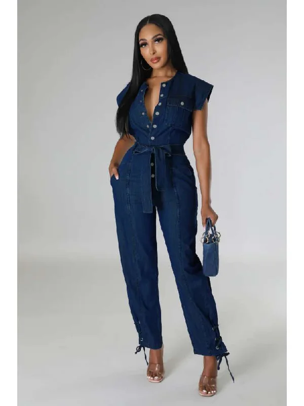 Eyelets Denim Lace Up Sleeveless Jumpsuits Sleek Women's Metallic