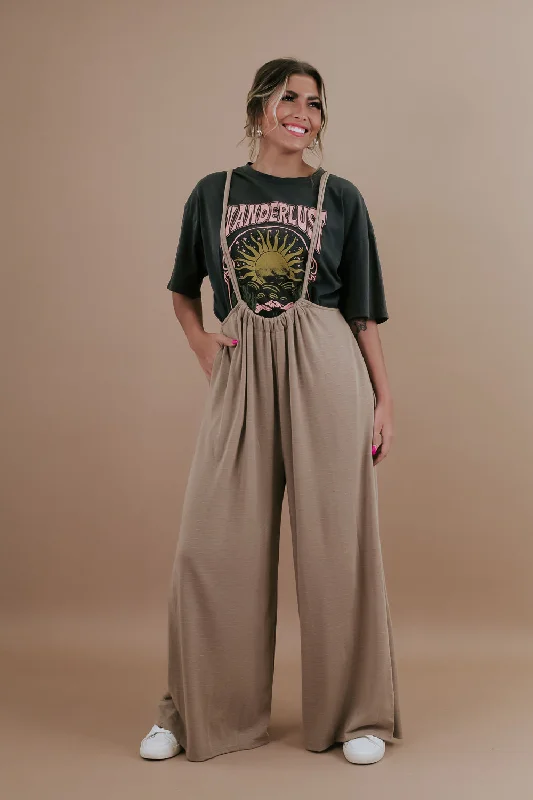 Head Over Heels Suspender Jumpsuit, Taupe Traditional Women's 