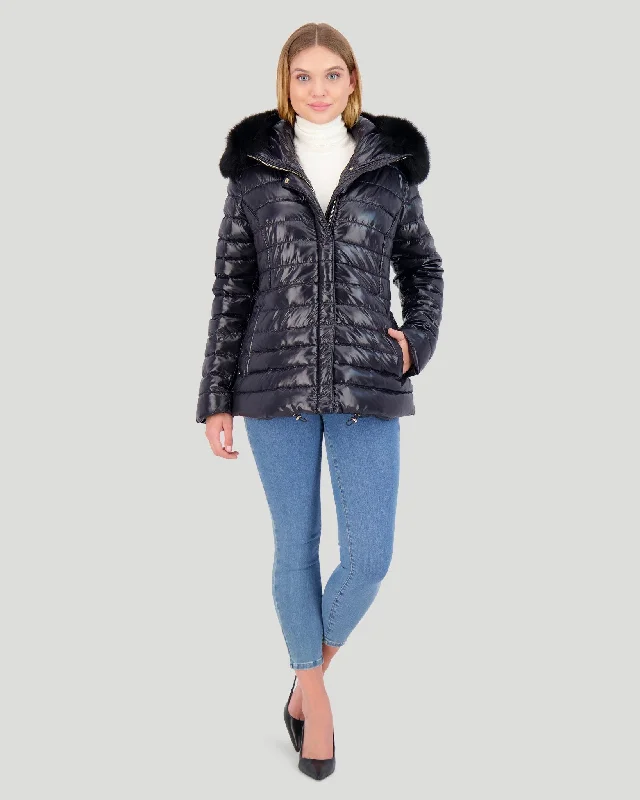Apres-Ski Jacket with Detachable Fox Hood Trim Geometric