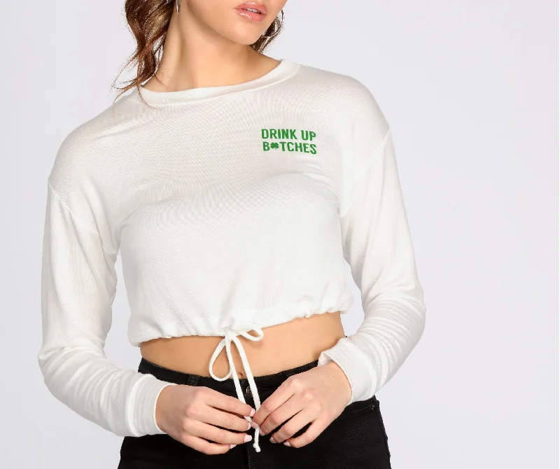 Drink Up Drawstring Crew Neck Cropped Top Sharp Women's Italian