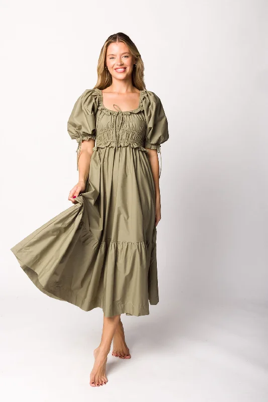 Crissy Ruched Midi Dress in Dusty Olive - Bump Friendly Minimalist Women's Casual