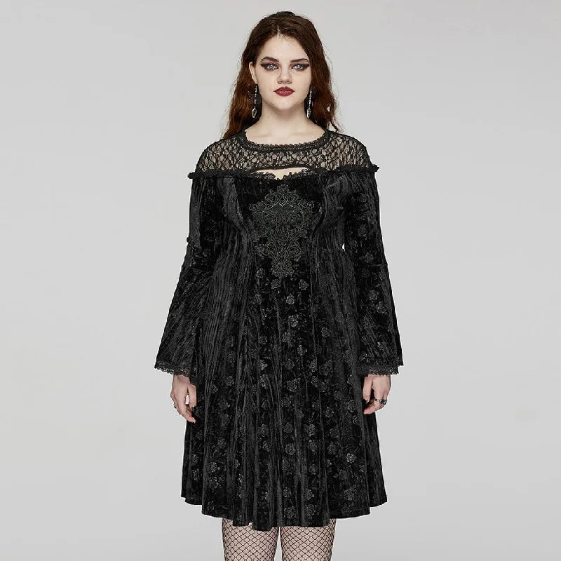 Women's Plus Size Gothic Flared Sleeved Embossed Velvet Formal Dress Dapper Women's 1920S