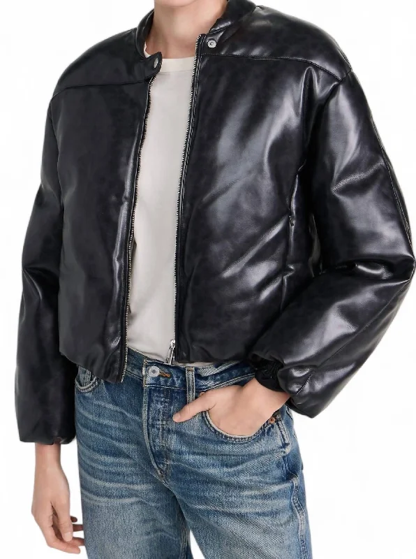 Faux Leather Gigi Padded Cropped Bomber Jacket In Black Sporty Women's Tennis