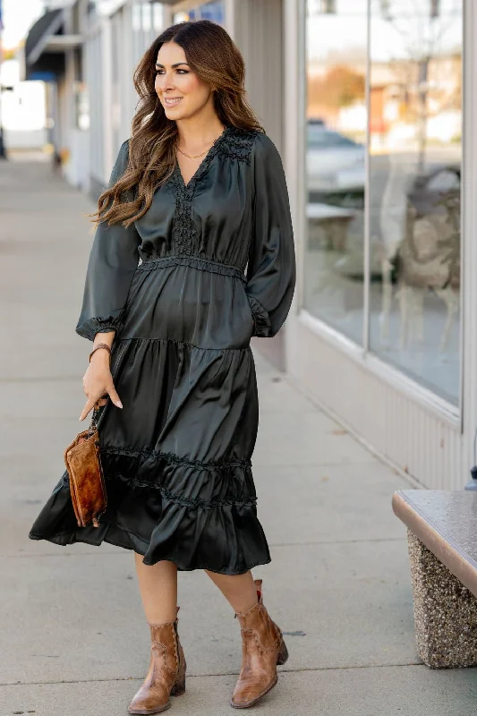 Ruffle Accented Long Sleeve Midi Dress Traditional Women's 