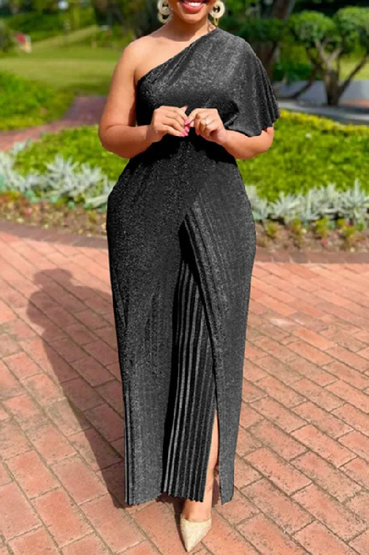 One Shoulder Glitter Pleated Jumpsuit Country
