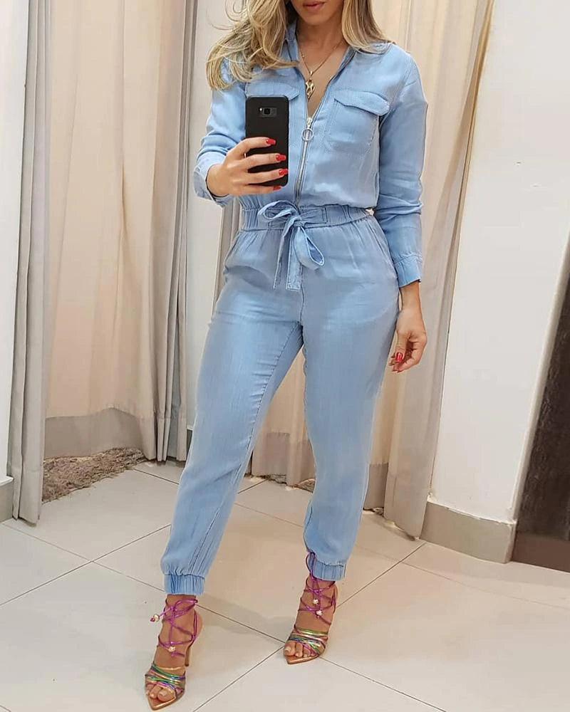 CHIC BLUE DENIM JUMPSUIT — ALL DAY Artistic Women's Hand - painted