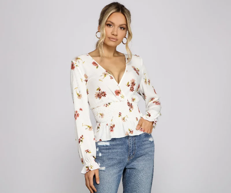 Smocked Long Sleeve Floral Surplice Gauze Top Cozy Women's Winter