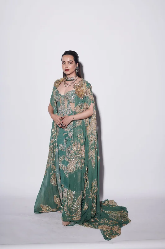 Jade Green Embellished Cape With Cutout Jumpsuit Contemporary 