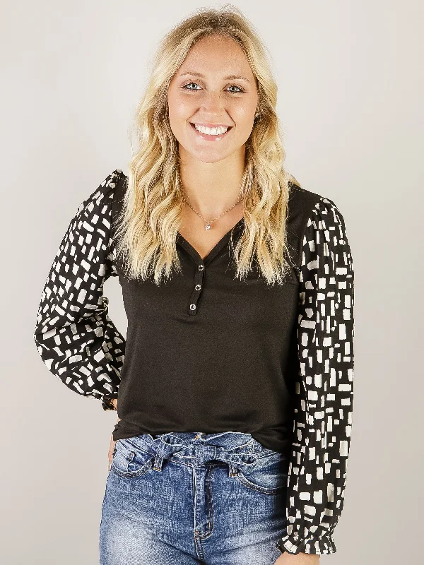 Black V-Neck with Geometric Print Sleeves Compression