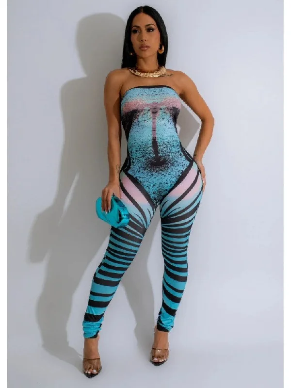 Print Bodycon Strapless Jumpsuits Practical Women's Multi - 