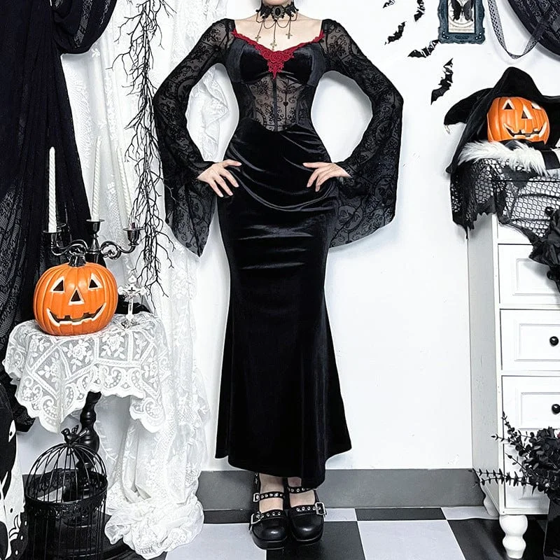 Women's Gothic Lace Crochet Maxi Dress Black Red Hip Women's Urban
