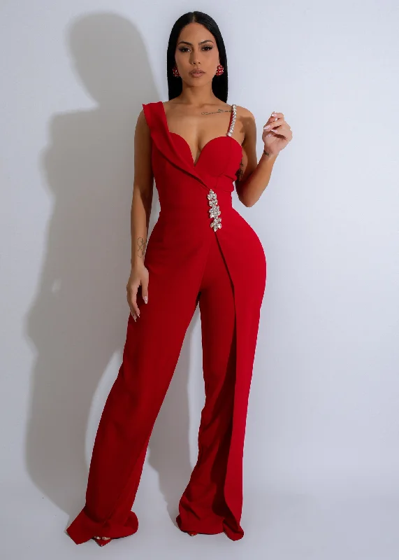 Crystal Elegance Rhinestones Jumpsuit Red Refined Women's Classic 