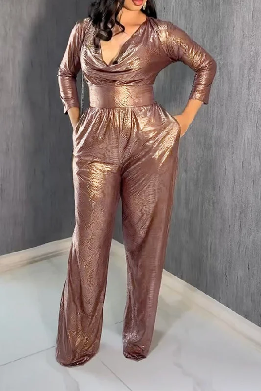 Elegant Draped Collar Metallic Jumpsuits Cozy Women's Sherpa - lined