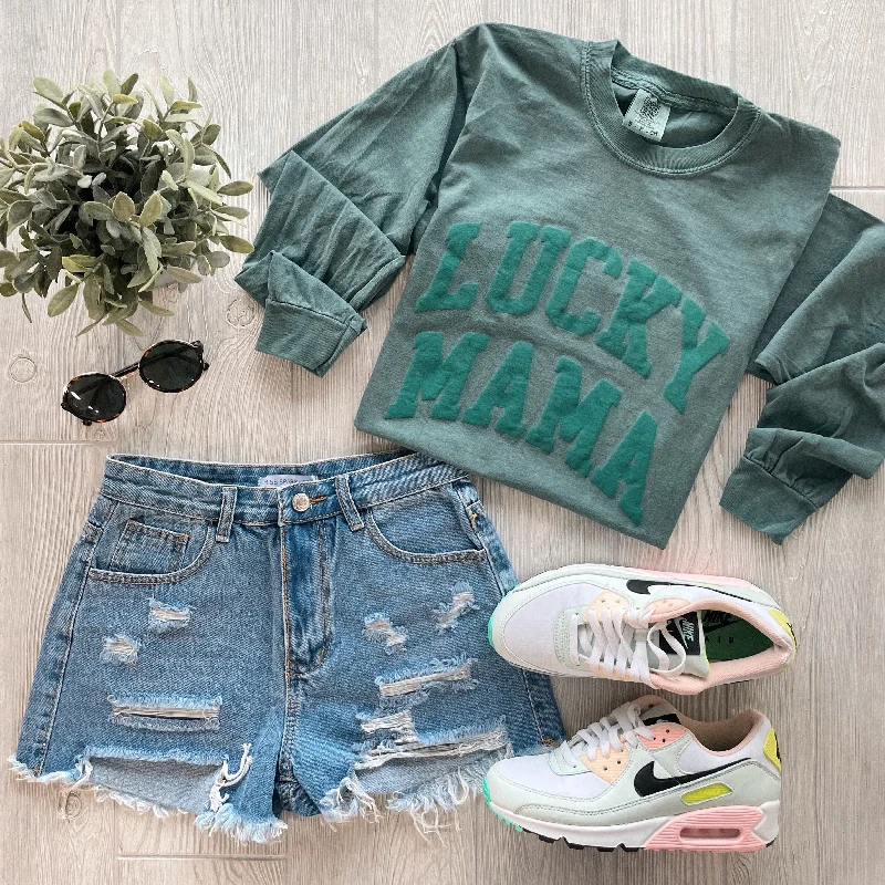 LUCKY MAMA • Tonal Green Long Sleeve Cool Women's Distressed