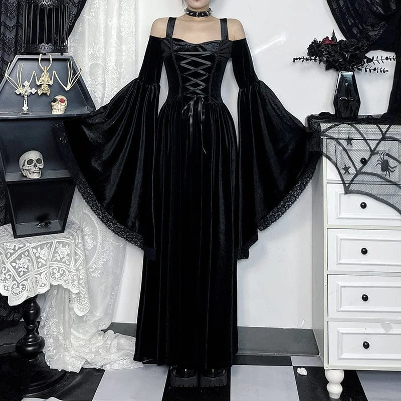 Women's Gothic Off-the-shoulder Flared Sleeed Velvet Dess Edgy Women's Punk