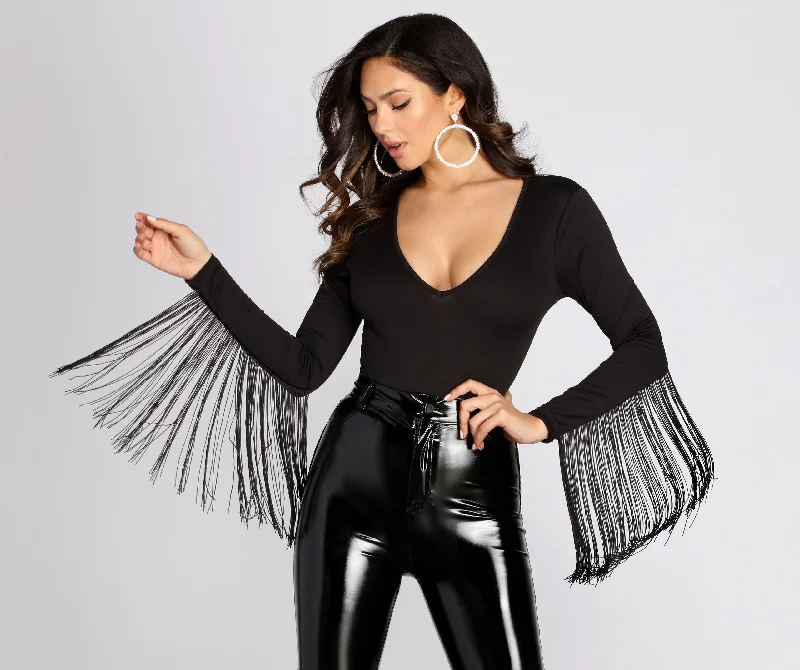 Stevie Fringe Long Sleeve Bodysuit Monochromatic Office Style