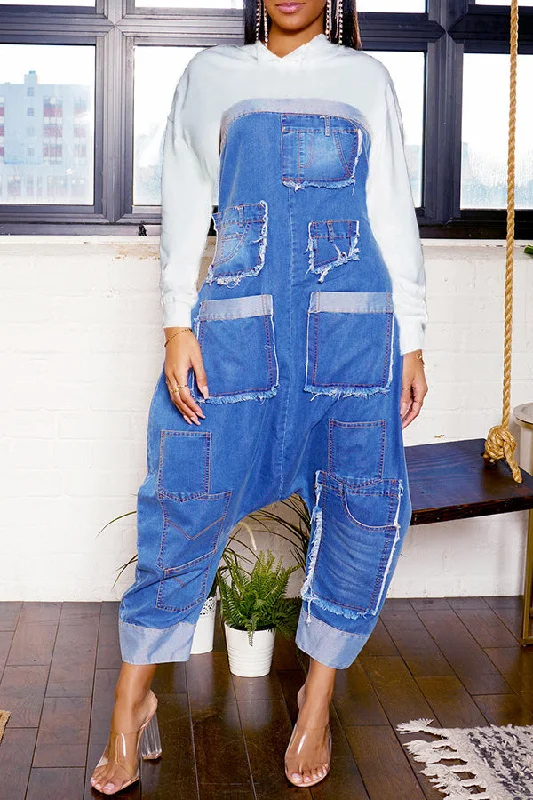Chic Pocket Detail Bandeau Top Denim Jumpsuit Laid - back Women's Vibe