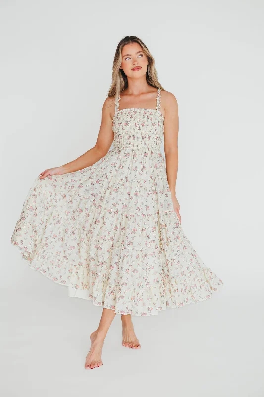 Ryan Ruffle Midi Dress with Embroidered Detail in Cream/Pink Floral Monochromatic All - in - one