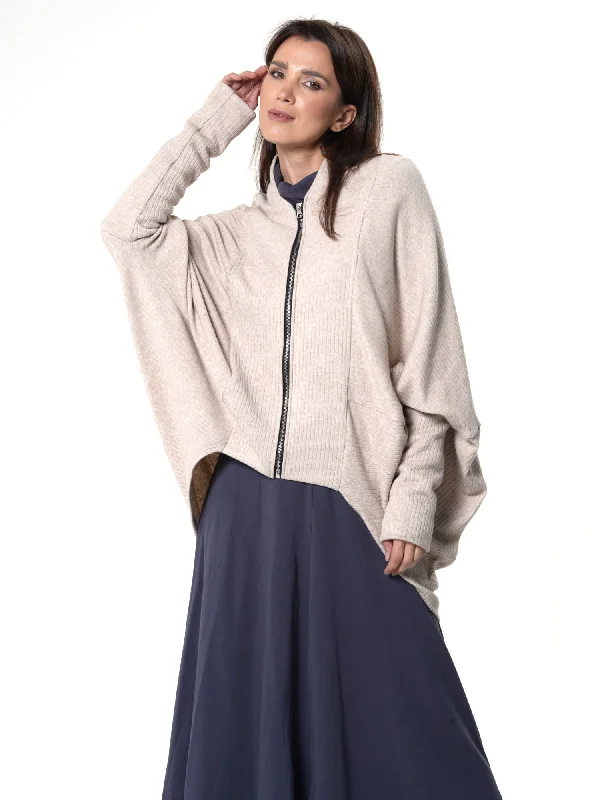 Extravagant Cardigan With Front Zipper In Beige Compression