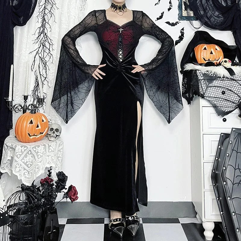 Women's Gothic Flared Sleeved Velvet Splice Witch Dress Streetwear Style for 