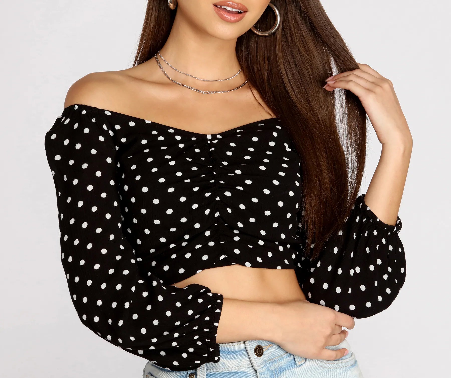 Polka Dot Doll Ruched Crop Top Sophisticated Women's 