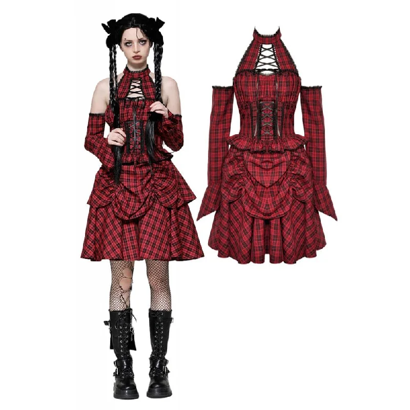 Women's Grunge Lace-up Plaid Dress with Gloves Red Sharp Women's Italian
