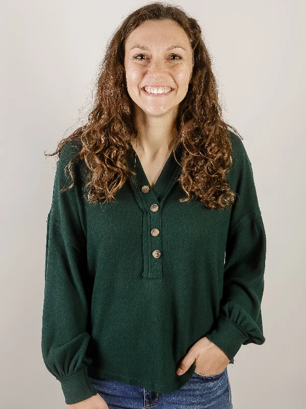 Hunter Green Ribbed Long Sleeve with Buttons Sophisticated Women's Tailored