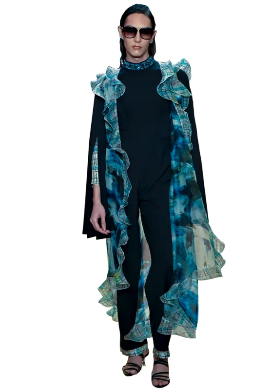 Jumpsuit in black and organza cape with inbuilt sleeves Cozy Women's Winter
