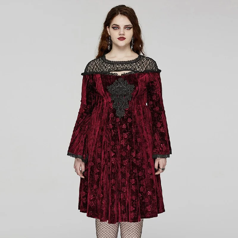 Women's Plus Size Gothic Flared Sleeved Embossed Velvet Red Formal Dress Dynamic Women's High - energy