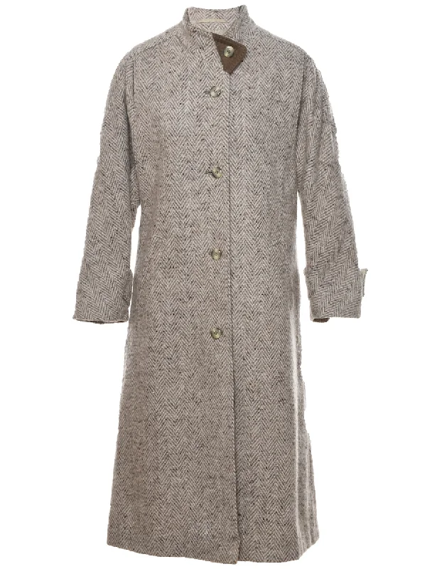 Herringbone Tweed Wool Coat - L Laid - back Women's Style