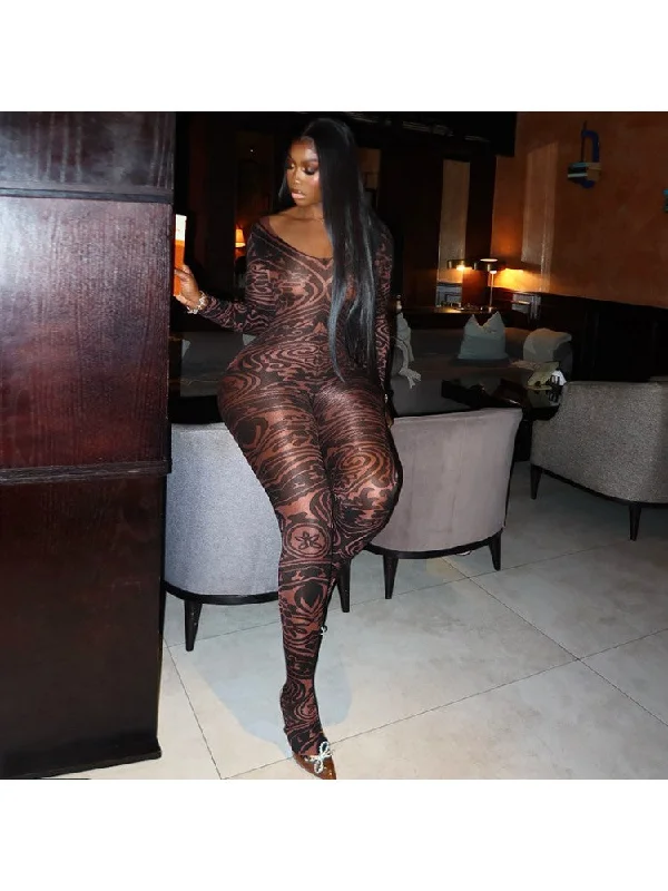 Sexy Printed U Neck Long Sleeve Jumpsuits Compression