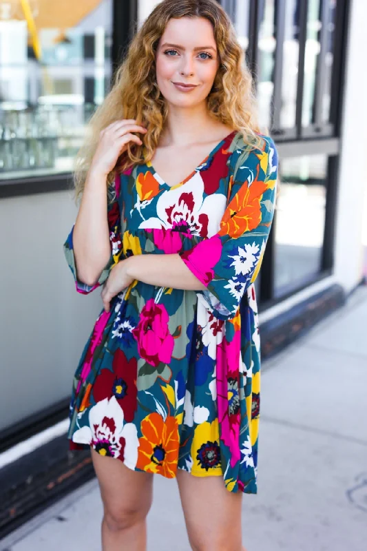 Hello Beautiful Teal Floral Print V Neck Babydoll Dress Relaxed Women's Beachy