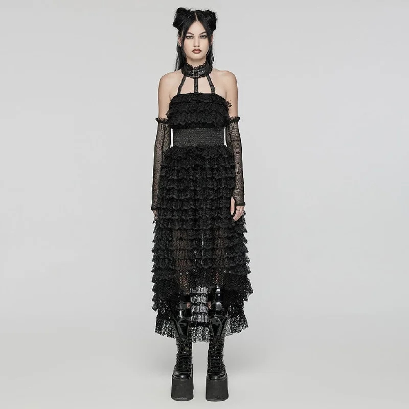 Women's Punk Halterneck Ruffled Lace Party Dress Black Cool Women's Distressed