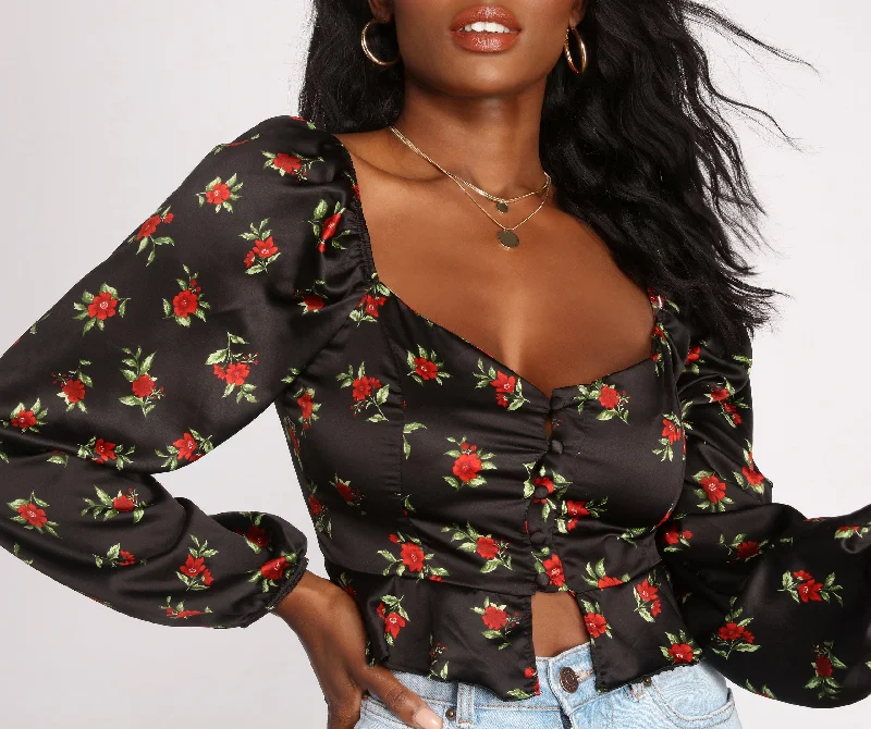 Floral Sweetheart Satin Peplum Top Cool Women's Skate