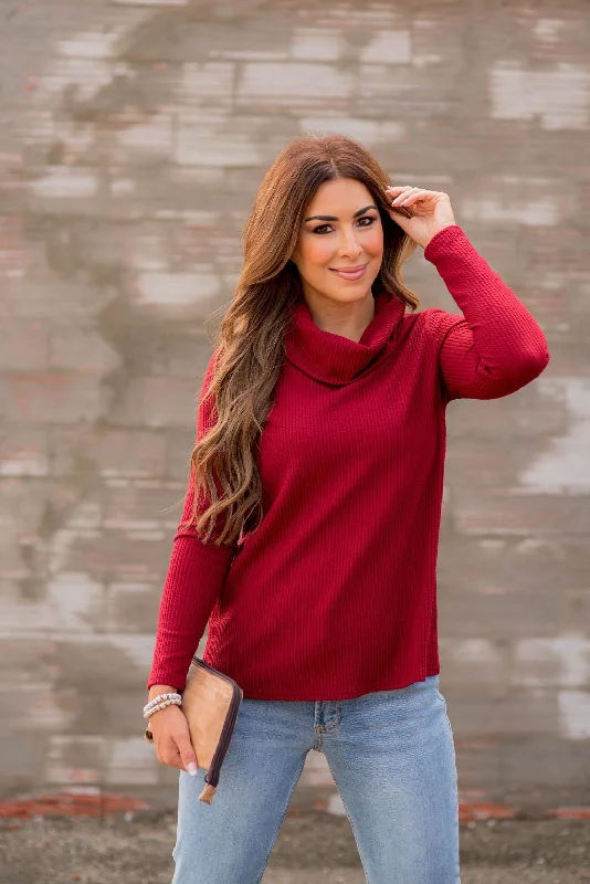 Heavily Ribbed Cowl Neck Tee Minimalist Women's Casual