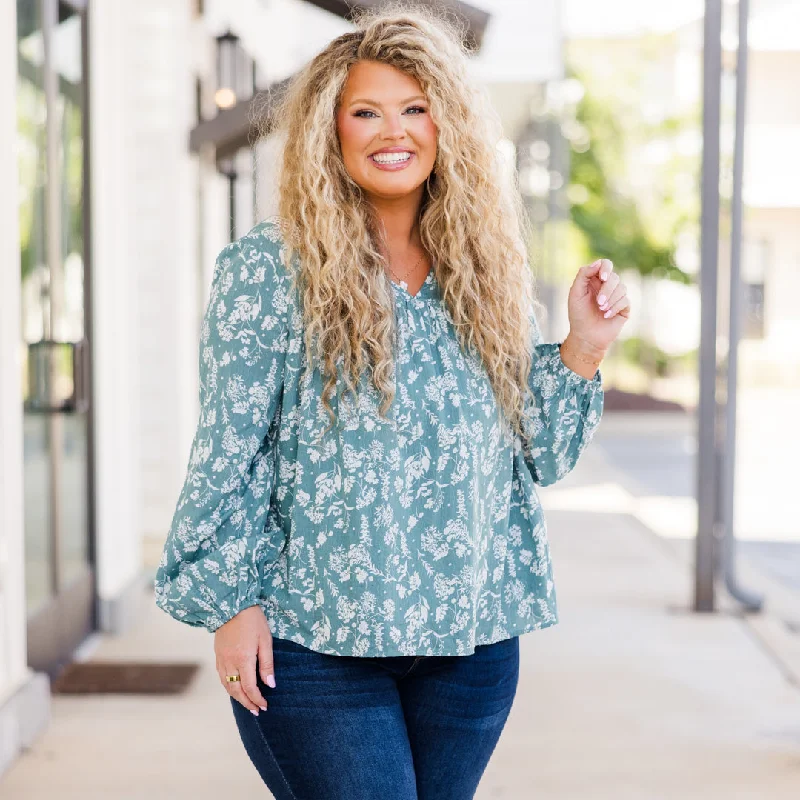 Graceful Blossom Top, Sage Artistic Women's Hand - painted