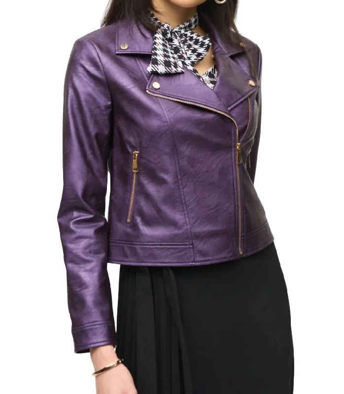 Faux Leather Biker Jacket In Blackcurrant Tough Women's Military - inspired