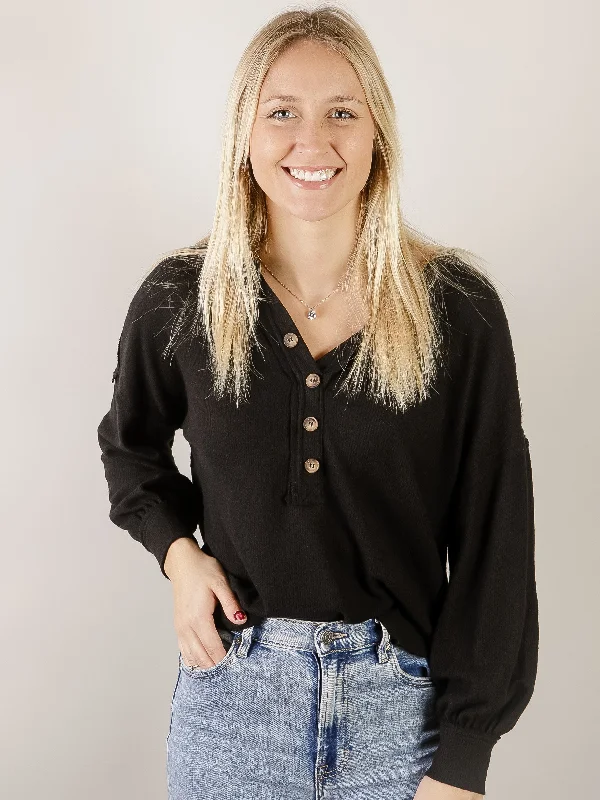 Black Ribbed Long Sleeve with Buttons Stylish Women's Neon