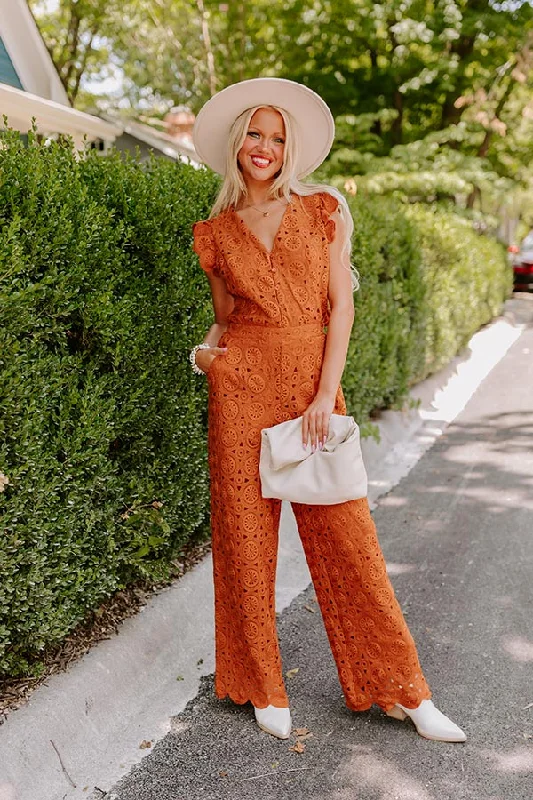 Under The Tucson Sun Crochet Jumpsuit in Rust Cozy Women's Sherpa - lined