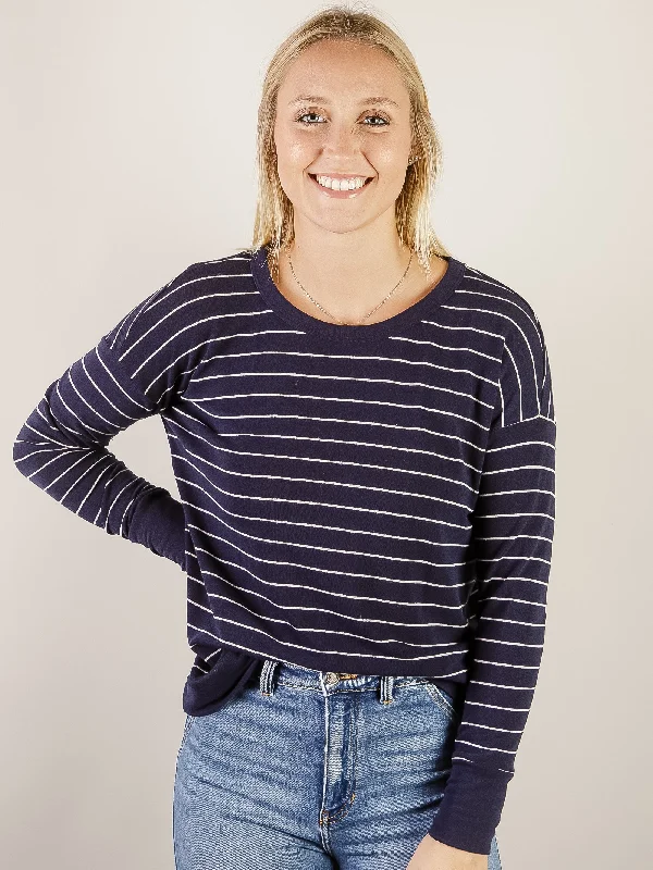 Navy with White Stripe Knit Long Sleeve Refined Women's Classic 
