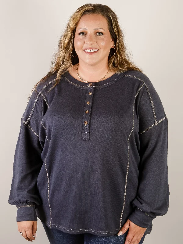 Curvy Dark Denim Contrast Stitch Henley Top Classic Women's Pin - striped