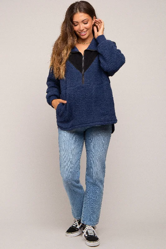 Navy Blue Colorblock Half Zip Fleece Maternity Pullover Geometric